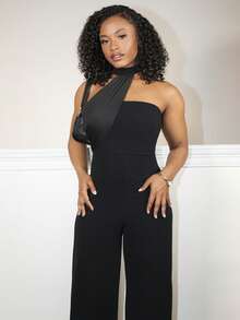 Steph T 素色繞頸闊腿連體褲 - 黑色 - 查看 5