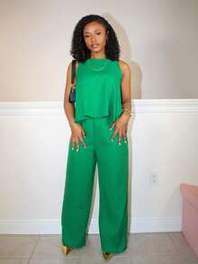 Steph T 優雅的圓領無袖寬鬆下擺短款上衣直筒褲橙色女裝兩件套-C - 綠色 - 查看 1