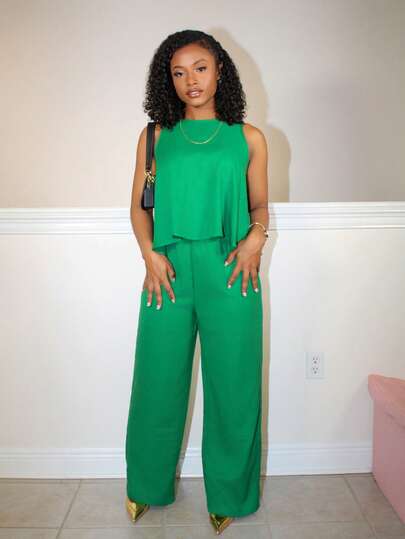 Steph T 優雅的圓領無袖寬鬆下擺短款上衣直筒褲橙色女裝兩件套-C