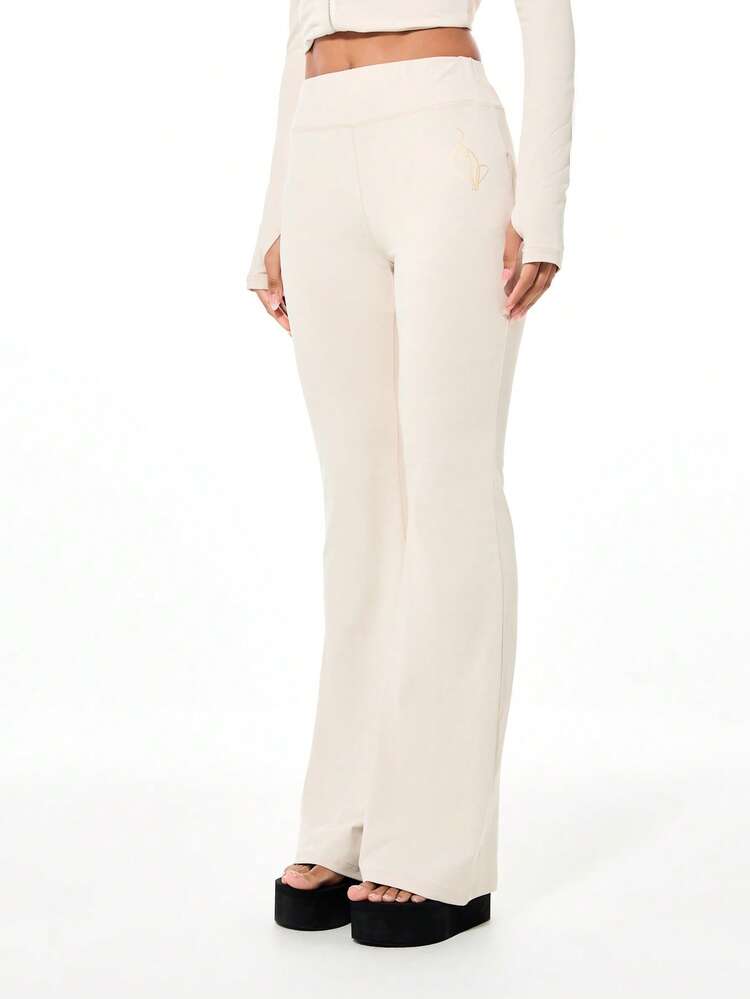 BABYPHAT Women's Stone Beige Jersey Flare Leggings With Gold Script Print High Rise Wide Leg Pants Casual Loungewear