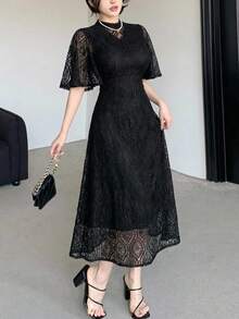 DAZY Elegant Women's Dress, French Retro Hollow Embroidery Waist Cinched Lace Dress Summer - Black - View 1