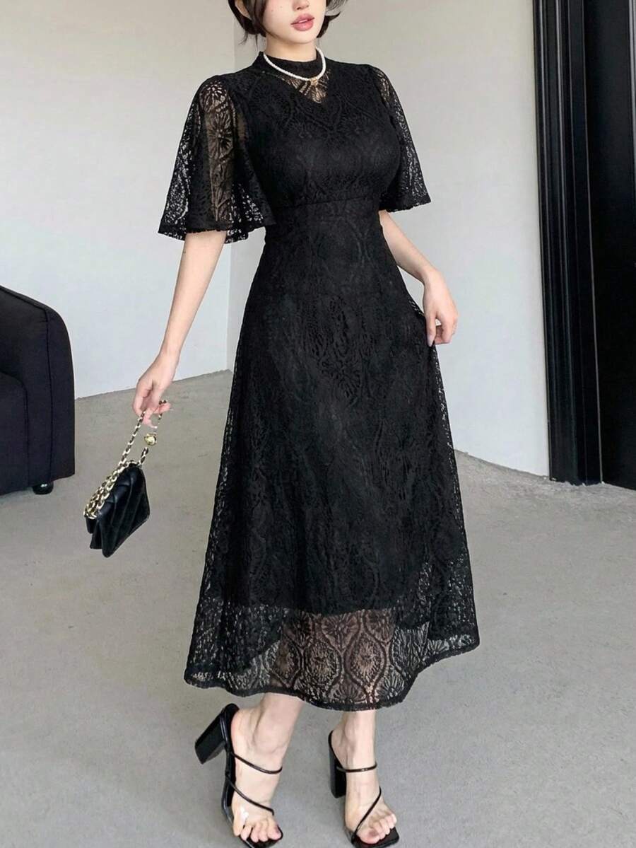 DAZY Elegant Women's Dress, French Retro Hollow Embroidery Waist Cinched Lace Dress Summer - Black - View 1