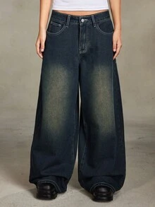 ROMWE Grunge Punk Punk Distressed Cross & Vine Washed Plus Size Straight Leg Extra Long Plus Size Women Jeans - Blue - View 2