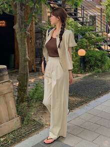 DAZY Women's Short Collared Top And High Waist Wide Leg Pants Set, Straight Loose Casual Long Trousers, Summer - Apricot - View 6