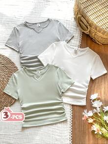 Vintaside Kids 3件装女童纯色V领短袖修身基础款T恤 - 彩色 - 查看 5