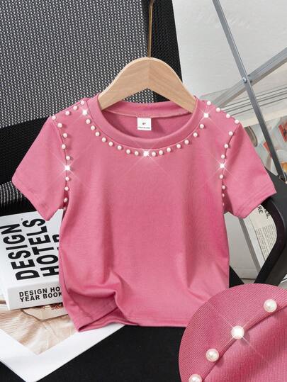 Áo thun nữ trẻ trung, thời trang, đa năng, màu trơn, đính hạt cườm.