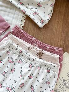 Vintaside Kids 3pcs/Set Newborn Baby Girl Ditsy Floral Romper, Pants And Hat, Countryside Style Fashion Cute Elegant Comfortable Soft Fabric Outfit - Pink - View 6