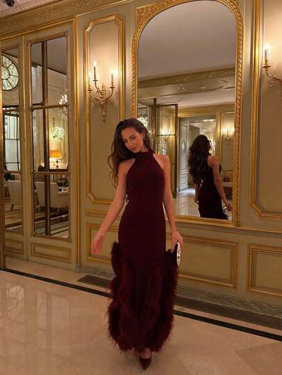 ORNATELLA Anewsta 女士复古别致露背修身连衣裙，仿毛皮裙摆设计，长款连衣裙，适合秋季、冬季、新年、派对、婚礼等场合，优雅时尚