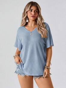 Freevana Plus Size Waffle Knit Criss-Cross Backless Solid Color Batwing Sleeve T-Shirt - Dusty Blue - View 6