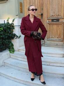 ORNATELLA 女士优雅酒红色中长款系带羊毛混纺大衣，冬季外套 - 酒紅色 - 查看 1