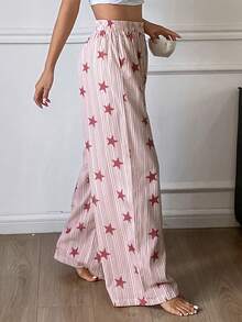 DAZY Quần pajama dài ống rộng dáng suông in họa tiết sọc và sao dành cho nữ - Màu Đỏ Sâu - Xem 2