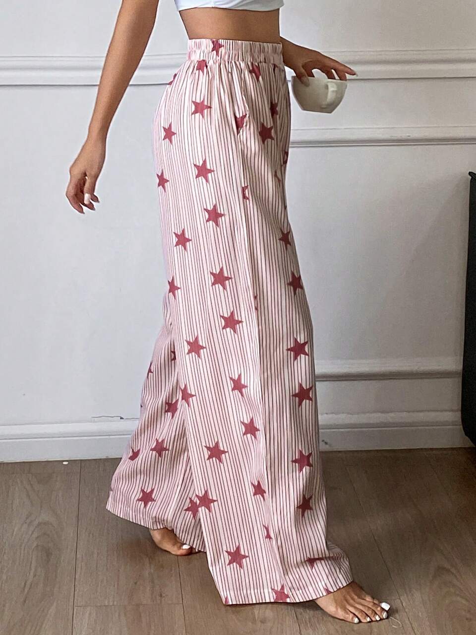 Striped & Star Print Loose Straight Leg Long Pajama Pants For Women
