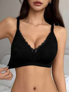 DAZY Lace Patchwork Adjustable Spaghetti Strap Slight Push-Up Bra For Women - Black - View 4