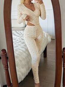 Livesso Bộ đồ ngủ 2 món cho nữ, gồm áo dài tay cổ chữ V ôm sát họa tiết hoa và quần dài, trang phục nhiều lớp cho mùa xuân. - trắng - Xem 5