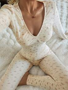 Livesso Bộ đồ ngủ 2 món cho nữ, gồm áo dài tay cổ chữ V ôm sát họa tiết hoa và quần dài, trang phục nhiều lớp cho mùa xuân. - trắng - Xem 6