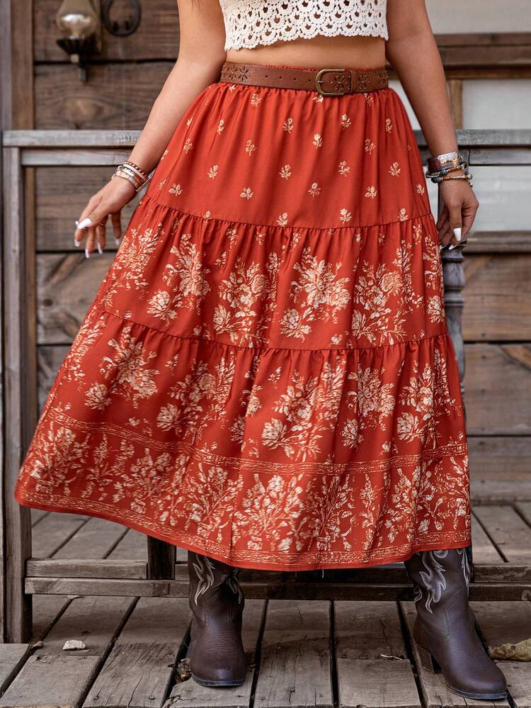 Nubod Chân váy dài xếp tầng, in họa tiết dành cho nữ cỡ lớn, thích hợp cho kỳ nghỉ và mặc thường ngày. - màu nâu - Xem 8