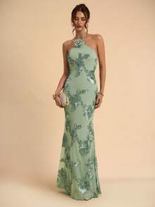 SHEIN BAE Sleeveless Backless Solid Green Textured Jacquard Dress, Elegant Fit And Flare Dress For Brunch, Wedding Guest, Cocktail Party, Vacation Beach - Green - View 4