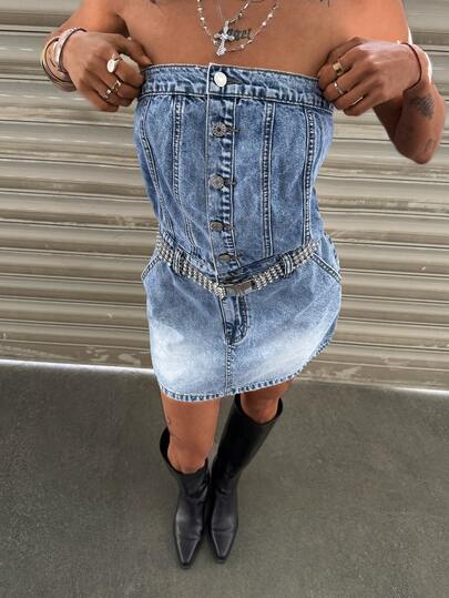 Jeanoix Y2K Women's Button Design Fashion Denim Tube Dress