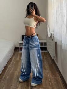 StreetHx Women's Punk Style Casual Street Fashion Versatile Loose Fit Denim Jeans - Medium Wash - View 6