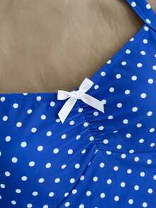 SHEIN Áo tắm liền thân cổ yếm họa tiết chấm bi và bướm dành cho thiếu nữ, thích hợp cho kỳ nghỉ hè ở bãi biển. - Xanh và trắng - Xem 9