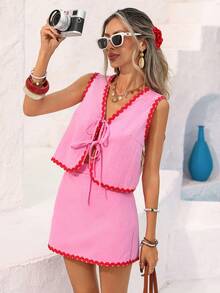 Vivid Eden 女士夏季度假系带上衣和裙子两件套 - 玫紅色 - 查看 14