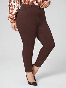 SHEIN LUNE Jeans skinny di colore tinta unita con tasche inclinate, adatti per uso quotidiano e versatili, taglie comode per donne - Castano - Visualizzare 1