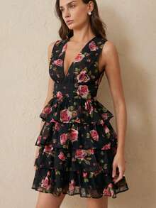 BELROSIE Black And Pink Background Rose Flower Layered Jacquard Silhouette V-Neck Sleeveless Elegant Dress Garden Party Summer - Multicolor - View 3