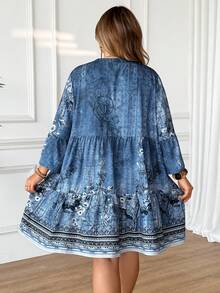 SHEIN CURVE+ 大码深V领印花短款休闲连衣裙，适合度假波西米亚风度假 - 彩色 - 查看 9