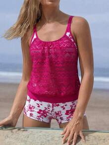 Swim Lushoire 女士两件套印花随机款式背心式泳衣套装，上衣带网眼收腹设计，搭配短裤。 - 彩色 - 查看 4