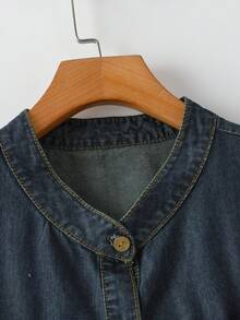 EMERY ROSE Mature Denim Plus Size Sleeveless Denim Top,Navy Blue Summer Smart Casual Everyday Ruffle Hem Babydoll Tiered Cake Blouse,French Retro Stand Collar Button Down - Blue - View 4