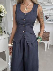 Livesso 春夏蓝色牛仔无袖开衫背心上衣，休闲办公商务套装直筒裤两件套，女士 - 藏蓝色 - 查看 5