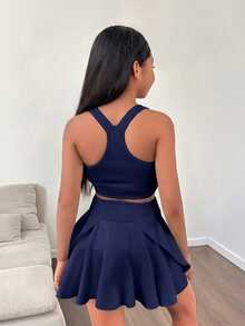 SHEIN Tween Girls' Casual Solid Color Knit Tank Top And Shorts Set, Spring/Summer Tween Two Piece Set Tweens Two Piece Set Tween Crop Top Set - Navy Blue - View 2