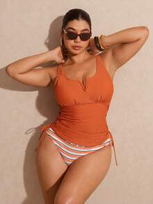 Elaquor Plus Size Solid Color Vest & Striped Triangle Tankini Set, Vacation Beach Spring/Summer Set For Women Spring/Summer Swimwear For Women - Multicolor - View 6