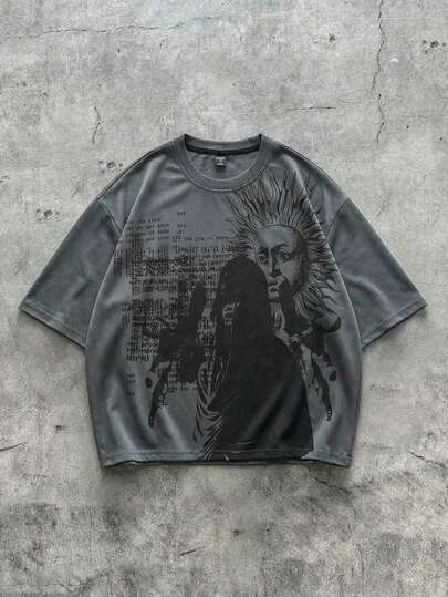 ROMWE MEN 男士宽松落肩短款印花T恤