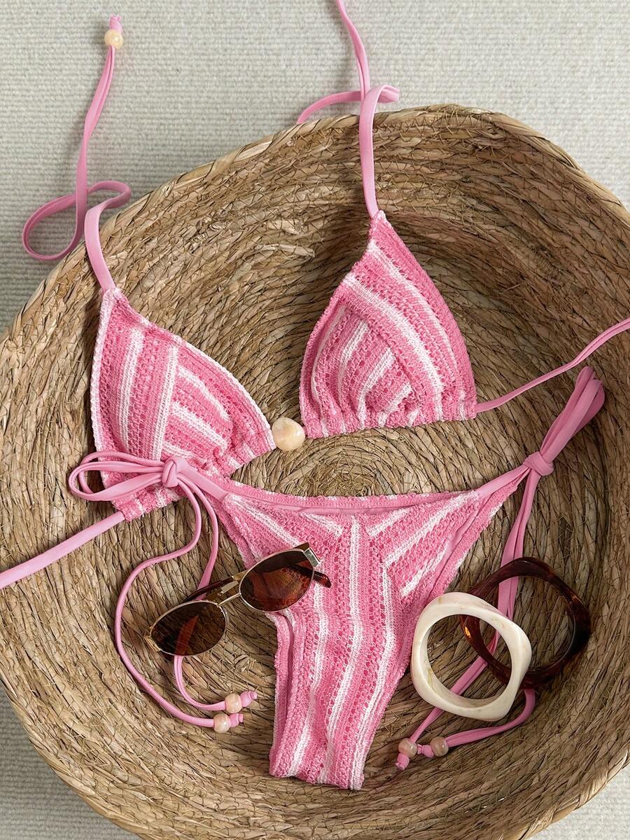 Swim Mod 女士两件式夏季沙滩泳装，镂空纹理针织面料，挂脖三角上衣，系带侧边泳裤，饰有串珠装饰 - 粉色 - 查看 1