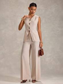 RueChic Women Striped Linen Fabric Detailed Two Pieces Suit Sets Fake Linen - Beige - View 4