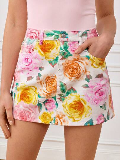 SURIMA Women's Elegant Watercolor Floral Print, White Denim Print, Denim Skirt,Denim Skirt