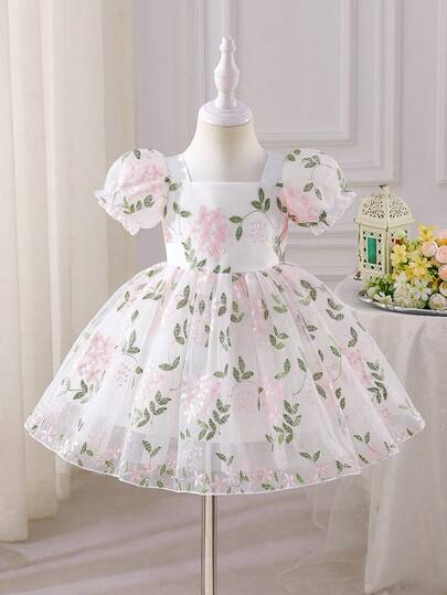 SHEIN Glamorique Kids Flower Girl, Baby Girl Princess Dress, White Base With Green Leaves And Pink Floral Embroidery, White Mesh, Puff Sleeves, Birthday Party, Wedding, Holiday, Floral