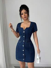 Elenzga 女士单排扣收腰休闲牛仔连衣裙，适合日常穿着和约会 - 深色水洗藍 - 查看 5