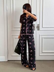 SHEIN Napfluff 2pcs/Set Cute Cherry Blossom Bow Print Ruffle Bubble Cardigan Pajamas For Women - Black - View 3