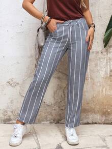 EMERY ROSE 女士休闲条纹斜插口袋锥形裤 - 淺色水洗藍 - 查看 1