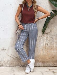 EMERY ROSE 女士休闲条纹斜插口袋锥形裤 - 淺色水洗藍 - 查看 6