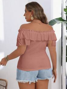 SHEIN VCAY Camiseta casual de talla grande con hombros descubiertos y ribete de volantes en unicolor - Rosa coral - Ver 2