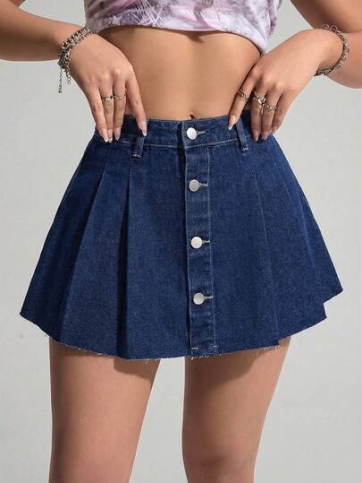 SHEIN ICON 女士高腰单排扣褶裥休闲牛仔迷你裙