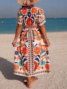 Swim Vcay 女士春夏沙滩连衣裙，V领长款收腰开衩度假印花连衣裙，带罩衫 - 橘色 - 查看 2