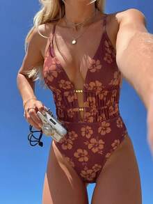 Swim Mod 女士热带印花连体泳衣，休闲度假风 - 彩色 - 查看 1