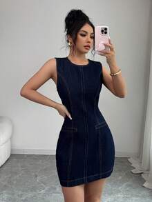 Elenzga Women's Casual Round Neck Denim Dress For Daily Wear - Dark Wash - View 1