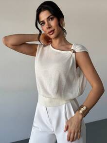 Firerie 女士优雅简约时尚舒适通勤休闲都市风新款不对称领金属装饰短袖针织套头毛衣 - 杏色 - 查看 4