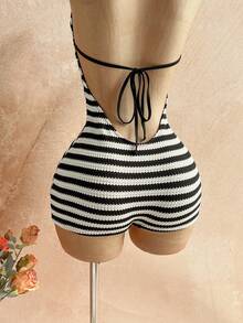 Soleia Bộ jumpsuit nữ kiểu dáng thường ngày, gợi cảm, khoét lưng, buộc nơ, cổ yếm, thích hợp cho đi biển, du thuyền, nghỉ mát thành phố, du lịch, tiệc trà chiều, dã ngoại. - Đen và trắng - Xem 4