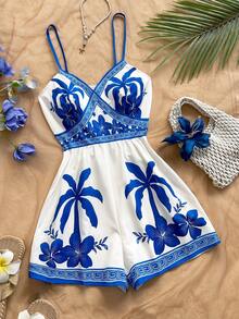 Soleia Bộ áo liền quần nữ in hình cây cọ, kiểu dáng thường ngày. - Xanh và trắng - Xem 1